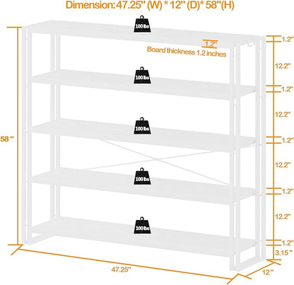 HCHQHS Bookshelf, 5-Tier Industrial Bookcase, White Open Book Shelf, Freestanding Tall Bookshelves with Metal Frame