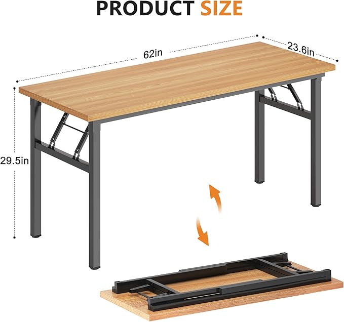 SDHYL 62 inches No Assembly Foldable Computer Desk for Home Office Workstation, Modern Study and Writing Folding Table with Metal Frame, Teak and Black