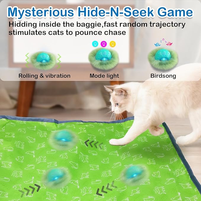 Interactive Cat Toys for Indoor Cats,Automatic Moving Cat Ball in Pouch,Chirping Stimulation,Hide-n-Seek Chase Exercise Game,Motion Activate,Rechargeable Kitten Toys