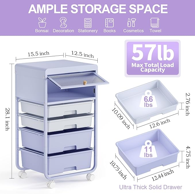 Utility-Rolling-Storage-Drawer-Craft-Cart-Organizers with 4 Drawers & Dust-Proof Door for Kid Craft Art Room,Bedroom,Home Office, Lavender Purple