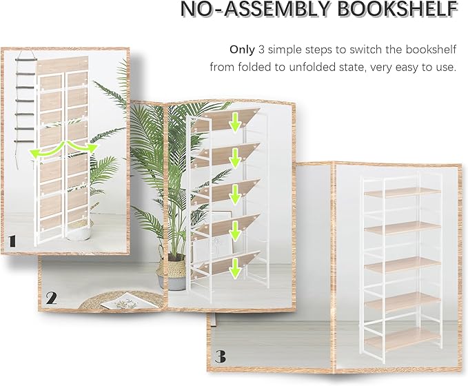 4NM No Assembly 5 Tiers Book Shelves, White Folding Bookshelf Bookcase Open Industrial Foldable Shelves for Bedroom, Living Room, Home Office - Natural White