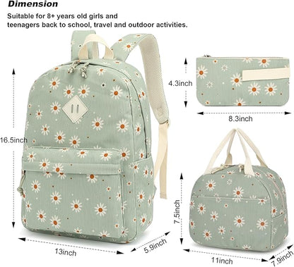 Corduroy Girls Backpack Set, 3PCS School Backpacks for Kids Elementary Middle School Bags with Lunch Box Pencil Case (Green Corduroy Daisy)
