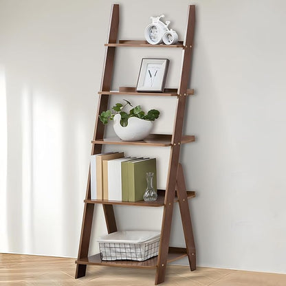 DOUSY-5-Tier Ladder Shelf Bookcase, Bamboo Ladder Bookshelf Leaning Book Shelf, Freestanding Storage Shelf Boho for Living Room, Home Office, Bedroom, Balcony, Walnut
