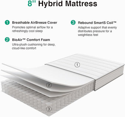Novilla Twin XL Mattress, 8 Inch TXL Size Mattresses in a Box with Smarts™ Coil for Pressure Relief, Medium Firm Foam and Spring Hybrid Colchones with CertiPUR-US Certified for Kids