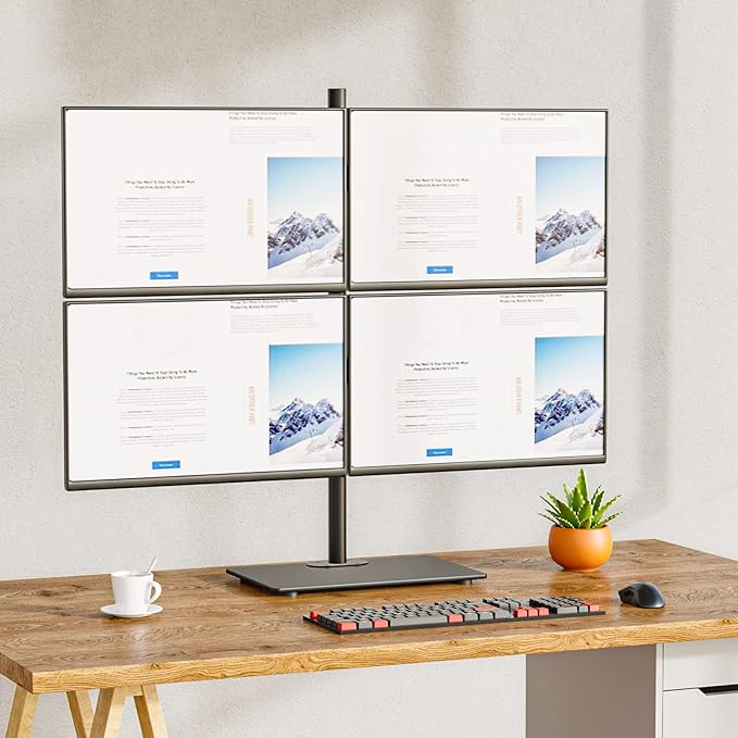WALI Freestanding Quad Monitor Mount for 17-27 Inch Screens, Fully Adjustable 4 Monitor Stand with Swivel, Tilt, Rotation, Glass Base, Max Load 22 lbs per Arm (GMF004), Black