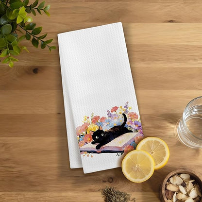 Floral Bookish Black Cat Kitchen Dish Towels, Black Cat Gifts for Women, Gifts for Books Lovers Reader Decorative Hand Tea Towels for Bathroom Kitchen, 16x24 Inches