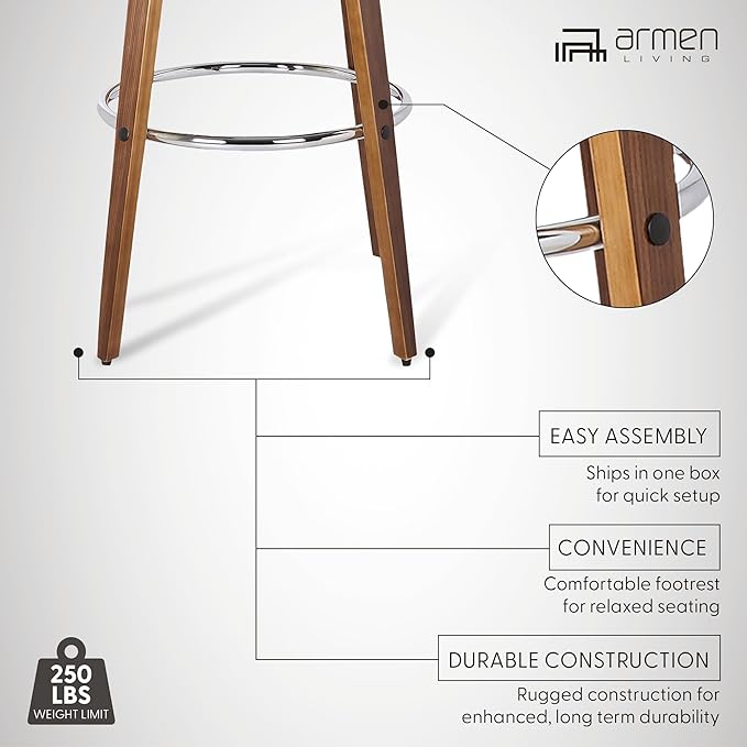 Armen Living Sonia 30" Bar Height Swivel Gray Faux Leather and Walnut Wood Bar Stool - Set of 2