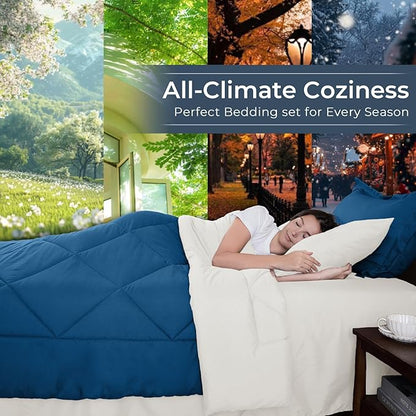 HEVUMYI Teal Blue & Ivory Twin Comforter Set - 5-Piece All Season Bed in a Bag Twin, Ultra Soft Bedding Set with Comforter, Flat Sheet, Fitted Sheet, Pillowcases, Pillow Shams, Teal Blue & Ivory