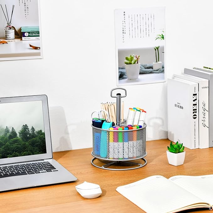 Marbrasse Mesh Desk Organizer, 360-Degree Rotating Multi-Functional Pen Holder, 4 Compartments Desktop Stationary Organizer, Home Office Art Supply Storage Box Caddy (silver)