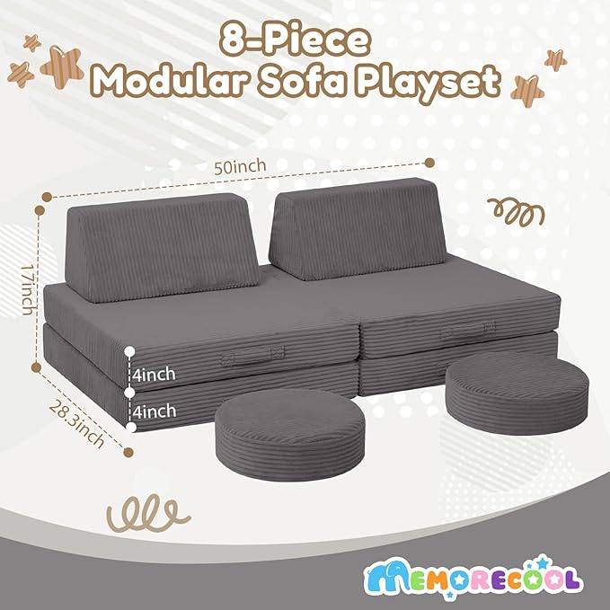 MeMoreCool Kids Couch for Playroom, Corduroy Convertible Toddler Couch, 8 Piece Modular Play Sofa, Foam Fort Building Set for Child Room Furniture, Dark Grey