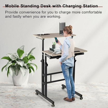 Hadulcet Mobile Standing Desk with Charging Station, Adjustable Standing Computer Desk, Standing Adjustable Laptop Cart with Wheels for Home Office Classroom Light Grey