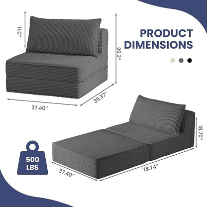 Folding Sofa Bed, Convertible Sleeper Chair with Pillow,Corduroy Comfy Floor Futon for Living Room Bedroom,Modern Accent Reading Chair,No Assembly Required,Grey