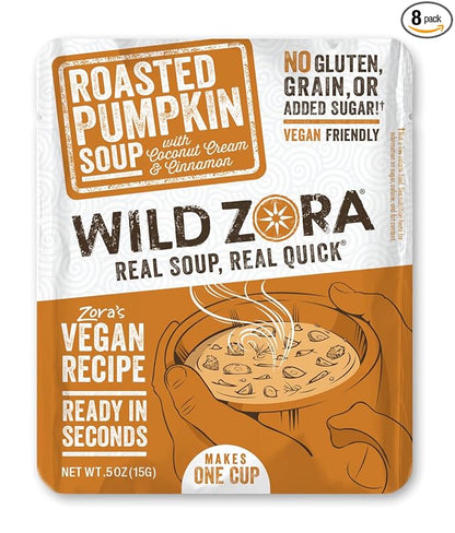 Wild Zora Instant Keto-Friendly Soups Roasted Pumpkin 8-pack Broth Made with Coconut cream, Cinnamon, & Organic Vegetables, Gluten-Free, Low Carb, No Added Sugar, Flavorful Pantry Staples - 0.5oz/13g