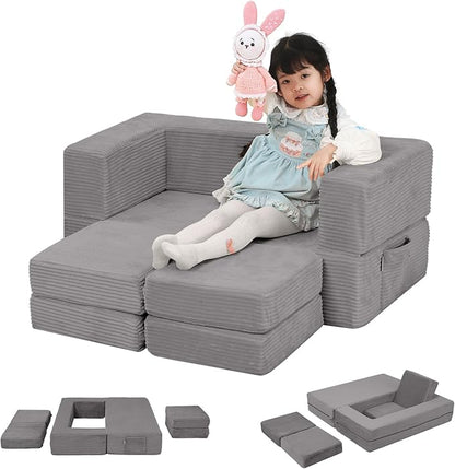 MeMoreCool Modular Kids Couch, Corduroy Play Toddler Couch for Bedroom Playroom Furniture, Convertible Foam Kids Sofa Bed, Fold Out Baby Sofa for Girl Boy, Light Grey