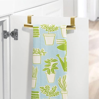 mDesign Steel Over Door Curved Towel Bar Storage, Hanger for Cabinet or Cupboard, Holder Rack for Kitchen, Bathroom - Holds Hand/Dish Towels, Washcloths - Spira Collection - Soft Brass