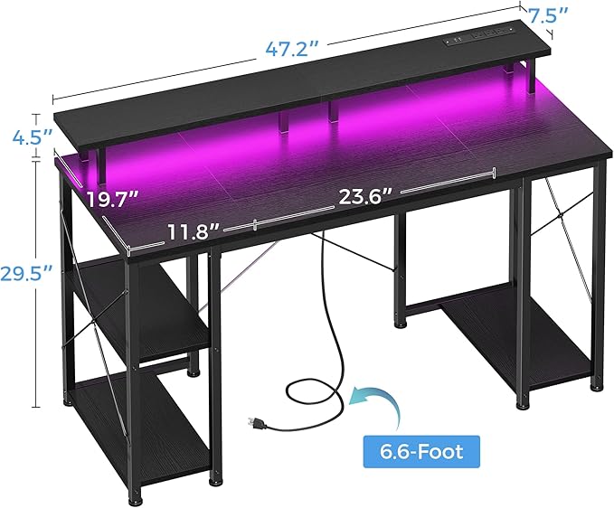 ODK 48 Inches Gaming Desk with LED Lights, Computer Desk with Monitor Stand, Pc Table with CPU Stand, Deep Black