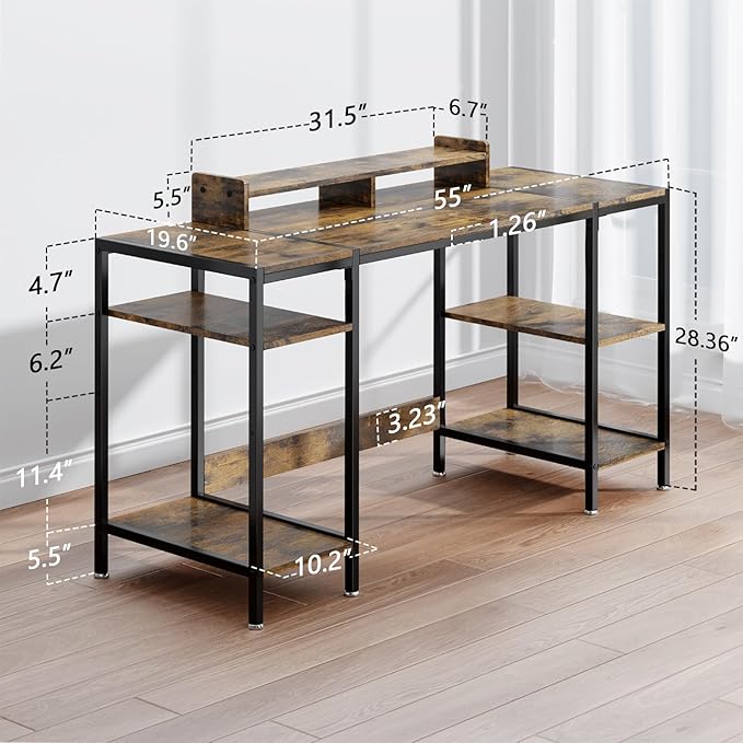 Computer Desk Gaming Desk with Monitor Stand, Home Office Desk Suitable for 2 Monitors, Writing Desk with Adjustable Storage Space,Sturdy and Durable Modern Small Desk (Vintage, 55 inchs)