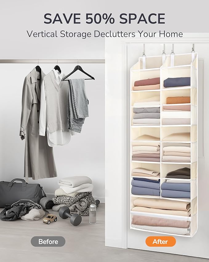 ULG Over the Door Organizer, 5-Tier Extra Large Hanging Storage with 10 Mesh Pockets, 100 lbs Capacity, Heavy Duty Door Organizer for Closet, Bedroom, Nursery Storage, Beige