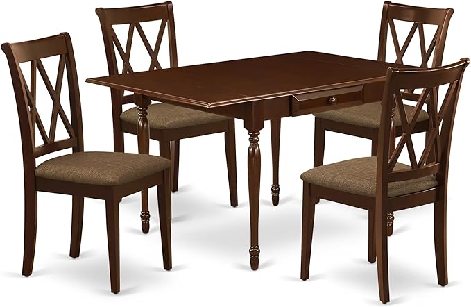 East West Furniture MZCL5-MAH-C 5 Piece Kitchen Table & Chairs Set Includes a Rectangle Dining Room Table with Dropleaf and 4 Linen Fabric Upholstered Chairs, 36x54 Inch, Mahogany