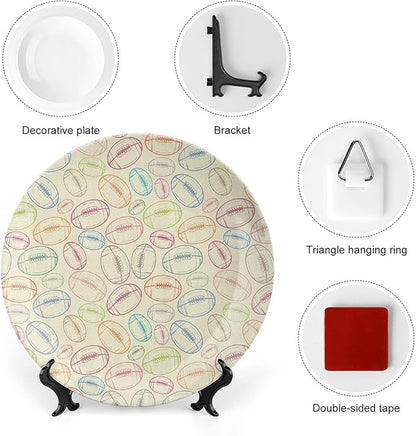 Decorative Plates, American Football Print Ornament, Grunge Looking Hand Drawn Sports Sketch, 10 Inch, 1 Plate with 1 Display Stand, Multicolor