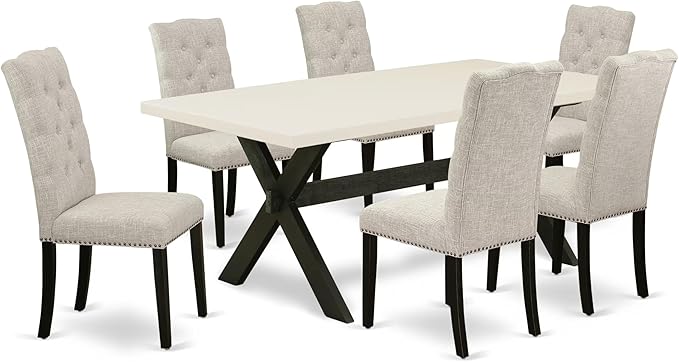 East West Furniture X627EL635-7 7 Piece Dining Table Set Consist of a Rectangle Dining Room Table with X-Legs and 6 Doeskin Linen Fabric Upholstered Chairs, 40x72 Inch, Multi-Color