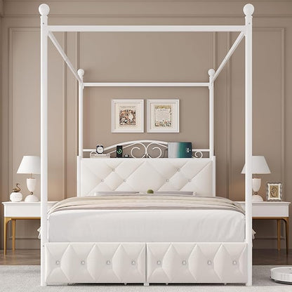 Full Upholstered Canopy Bed Frame with 2 Drawers & Crystal Tufted Storage Headboard Metal Platform Bed with Charging Station & 4 Removable Posts No Box Spring Needed Curtain Not Included, Beige