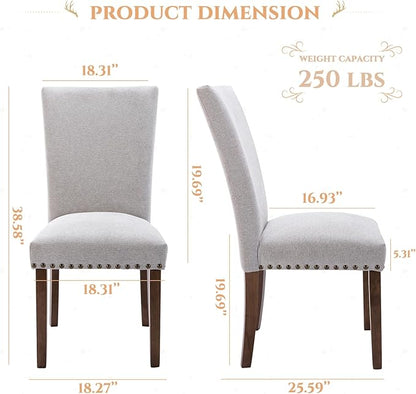 Parsons Dining Chairs Set of 2, Upholstered Nailhead Dining Room Kitchen Side Chair with Thick Cushions and Wood Legs, Light Grey
