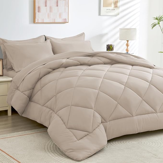 HEVUMYI Khaki Queen Comforter Set - 7-Piece All Season Bed in a Bag Queen, Ultra Soft Bedding Set with Comforter, Flat Sheet, Fitted Sheet, Pillowcases, Pillow Shams