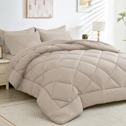 HEVUMYI Khaki Cali-King Comforter Set - 7-Piece All Season Bed in a Bag Cali-King, Ultra Soft Bedding Set with Comforter, Flat Sheet, Fitted Sheet, Pillowcases, Pillow Shams