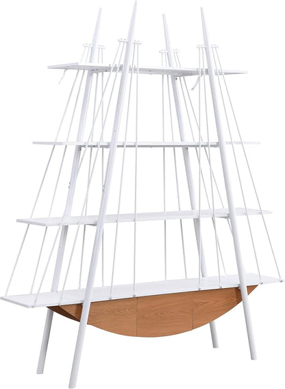 4 Tier Modern Boat-Shaped Bookshelf with Drawer, White & Brown, 84.3" Tall Vertical Ladder Shelf for Storage Display Decoration, Sturdy MDF & Metal Industrial Frame, for Living Room