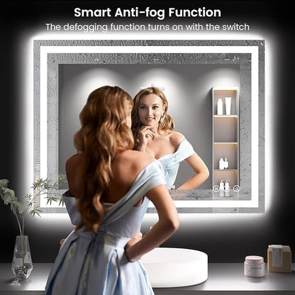 Simple Deluxe LED Bathroom Mirror 32x40 Inch Tempered Glass - Frameless LED Backlit Lighted Mirror for Bathroom Vanity with Anti-Fog, 3 Colors Dimmable, Memory Function, Wall-Mounted