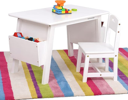 Kids Solid Wood Table and 2 Chair Set with Built-in Storage Cases Children's Storage Table and Chair Set for Toddlers Boys and Girls (Bianca White)