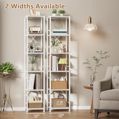 Furologee White Bookshelf 6 Tier Tall Narrow Bookcase, Modern Display Standing Shelf Unit, Metal and Wooden Storage Corner Shelves Organizer for Bedroom, Living Room, Office, Bathroom