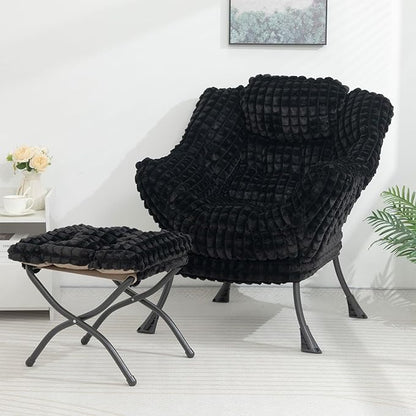 HollyHOME Fabric Lazy Chair with Foldable Ottoman, Accent Comfy Lounge Arm Chair and Folding Footrest Stool Set, Leisure Sofa Reading Chair and Footstool for Living Room, Bedroom, Dorm, Faux-Fur Black