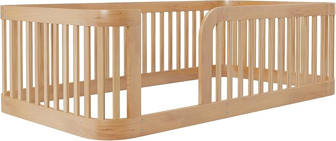Bellemave Twin Floor Bed with High Fence and Rounded Corner Design, Wood Montessori Floor Bed with Guardrail and Entrance, Easy Assemble Montessori Bed Twin Size, Natural