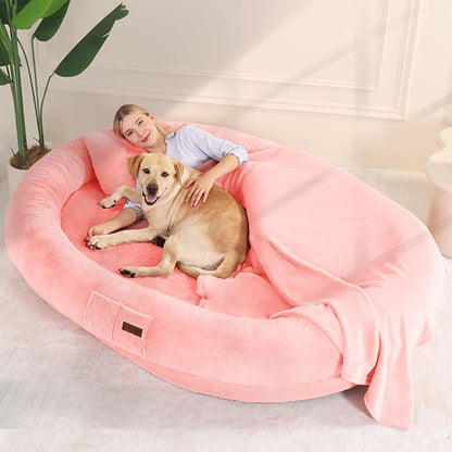 Human Dog Bed for Adult Kids, 70"x33"x12" Washable Faux Fur Human Size Dog Bed for People Doze Off, Pink