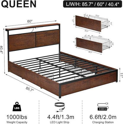 Queen Bed Frame with Storage Headboard and 4 Drawers Bed Frame Queen Size with Charging Station LED Lights Metal Platform Non-Slip Without Noise No Box Spring Needed