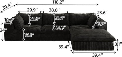 118.2" L Shaped Modular Sectional Cloud Couch with Ottoman, Plush Corduroy Upholstered Compression Sofa, 4-Seat Deep Seat Boneless Sofa Couches with Throw Pillow