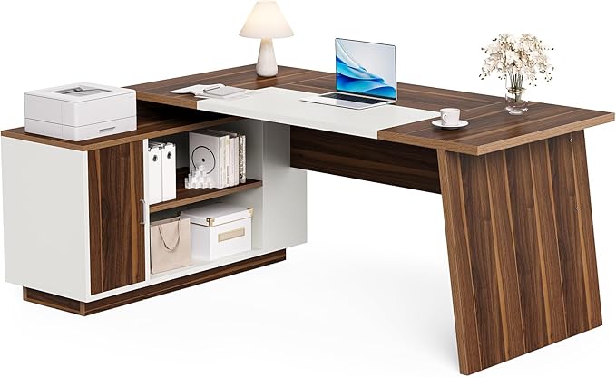 LITTLE TREE 70.5-Inch Executive Desk, Large Home Office Desk with Storage Cabinet and Open Shelves, L-Shaped Computer Corner Desk, Workstation for Office Home, Walnut and Black