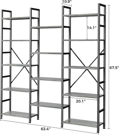 SUPERJARE Triple 5 Tier Bookshelf, Bookcase with 14 Open Display Shelves, Wide Book Shelf Book Case for Home & Office, Grey