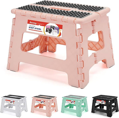 ACSTEP 9 Inch Folding Step Stool 300 LB Capacity Non Slip Foot Stool with Handle Plastic Foldable Step Stools for Kids Stepping Stool for Bathroom Black Small Step Stool (1 PC Pink)