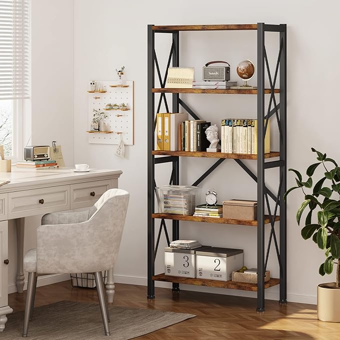 Homeiju 5-Tier Bookshelf,Wood Bookcase,Book Shelf with Steel Frame, Storage Rack with Open Shelves, Rustic Standing Bookshelves Ladder Shelf 110lbs/shelf for Bedroom,Living Room and Home Office