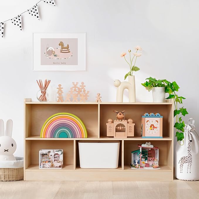 5-Section Wooden Toy Shelf for Kids, Montessori Shelf Storage with Open Shelving & Customizable Layout | Safe, Sturdy Design for Kids Room, Classroom & Playroom