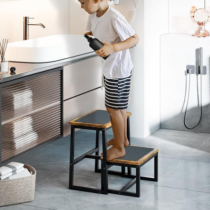Step Stool for Adults,Holds up to 500Lb,3 in1 Heavy Duty Sturdy Two StepStools for Kichen/Bathroom/High beds, Wooden&Metal Frame, Non-Slip Pads