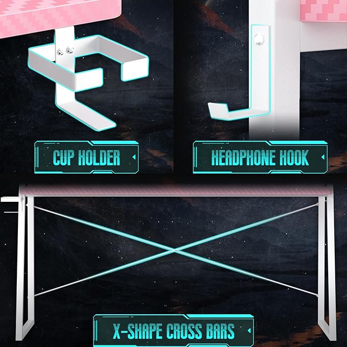 Small Gaming Desk with Hutch and LED Lights, Gaming Computer Desk with Power Outlets, Gamer Desk with Storage Shelves, Game Desks with Pegboards for Bedroom Small Spaces, Pink, 43"