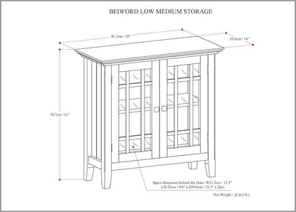 SIMPLIHOME Bedford Storage Cabinet - 32 inch Wide Solid Wood Low Media Cabinet in Farmhouse Grey, Transitional Console for Living Room, Entryway, or Dining Room with Glass Doors and Adjustable Shelves