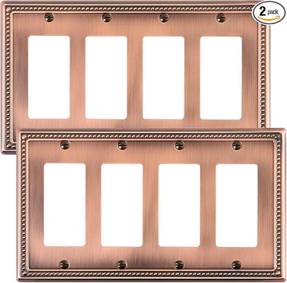 2-Pack Quad Decorator Outlet Cover Plate, Antique Copper Pearls Decorative Switch Plates and Outlet Covers, Metal Wall Plates for Electrical Outlets, Receptacle, GFCI Outlet, Dimmer Switch