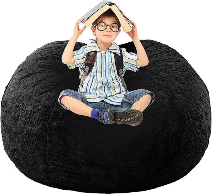 BCU Bean Bag Cover Comfy Beanbag Chair for Adults Without Filler Faux Fur Lazy Sofa Cover for Living Room Chairs, Black, 3.5FT