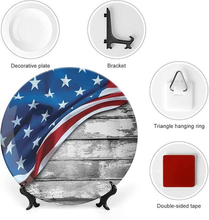 Ceramic Plates, American Flag Decor Decorative Ceramic Plates, Flag Over Antique Rustic Rippled Board, 8 Inch, for Dining, Parties, Wedding, Grey Navy
