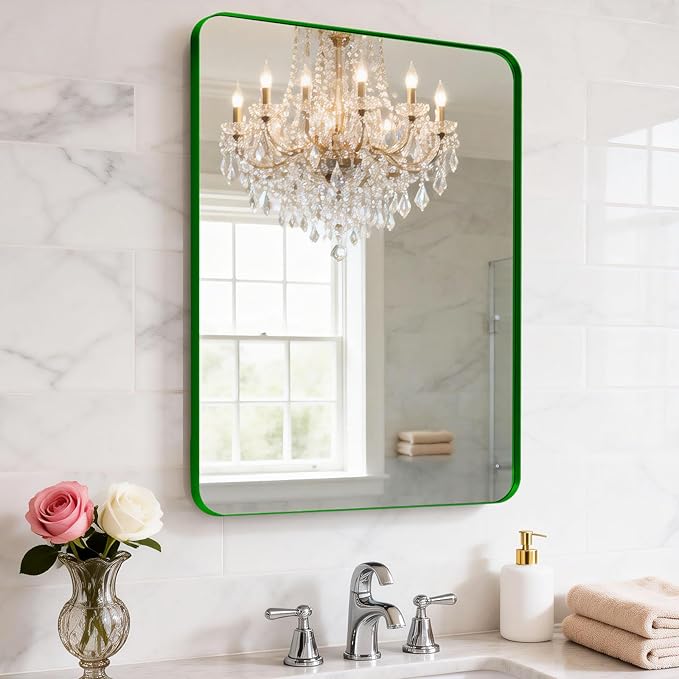 24" x 28" Green Bathroom Mirror Wall Mounted, Matte Aluminum Alloy Frame with Rounded Corners, Shatterproof Tempered Glass, Anti-Rust HD Vanity Mirror for Bathroom, Bedroom, Entryway